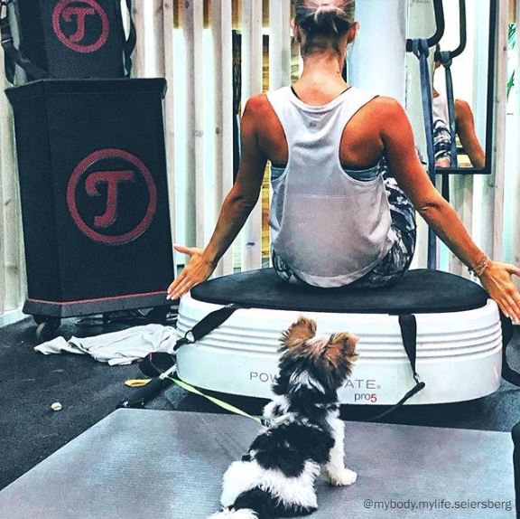 Vrouw met hond op training naast Teufel Rockster speakers.