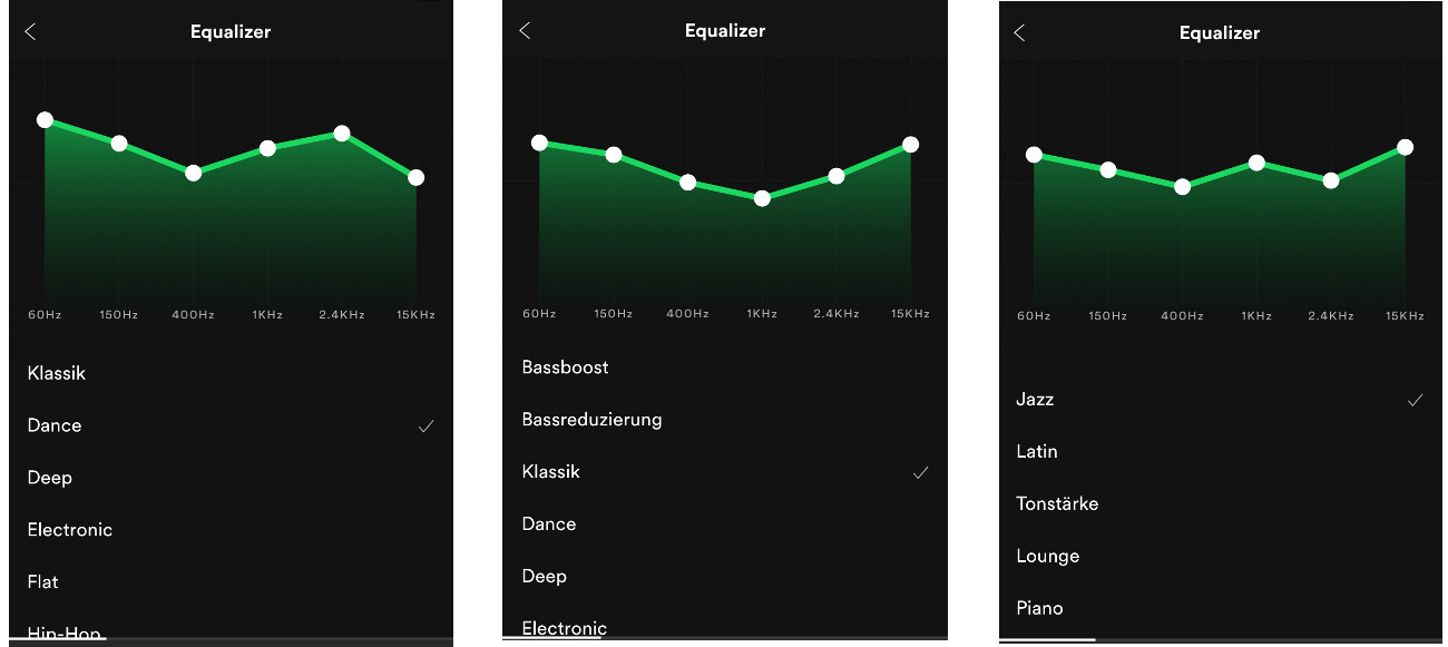 Screenshots van de equalizer in de Spotify app